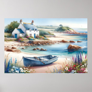 Coastal Cottage Seaside Rowboat Painting Poster