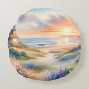 Coastal Cottage Sunset Dunes Watercolor Round Pillow