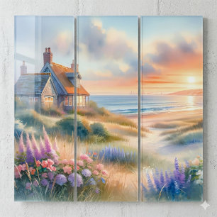 Coastal Cottage Sunset Dunes Watercolor Triptych
