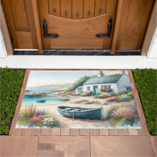 Coastal Cottage Watercolor Seaside Scene Doormat