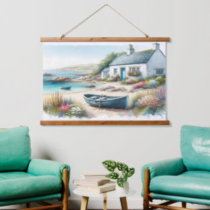 Coastal Cottage Watercolor Seaside Scene Hanging Tapestry