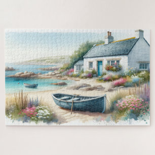 Coastal Cottage Watercolor Seaside Scene Jigsaw Puzzle