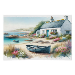 Coastal Cottage Watercolor Seaside Scene Poster