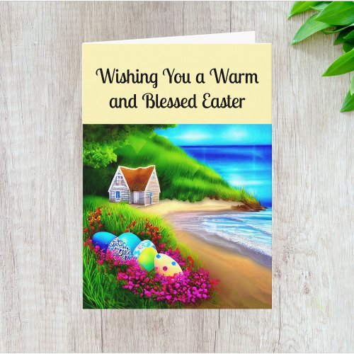 Coastal Cottage with Easter Eggs Joy and Peace Card