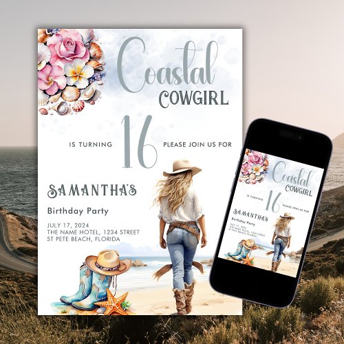 Coastal Cowgirl 16 Birthday Party Cowboy Boots  Invitation