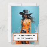 Coastal cowgirl aesthetic 30th birthday party invitation<br><div class="desc">This customizable coastal cowgirl aesthetic 30th birthday party invitation is perfect for your 30th milestone birthday! The customizable invitation features a coastal cowgirl with black boots and a hat, as well as an orange shirt, against a blue coastal background. The 30th birthday party invitation design is completed with a grunge...</div>