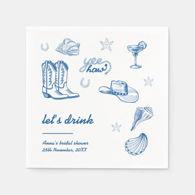 Coastal Cowgirl Bachelorette Hand Illustrated Napkins (Front)