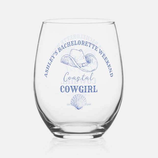 Coastal cowgirl bachelorette party favor gifts stemless wine glass (Front)