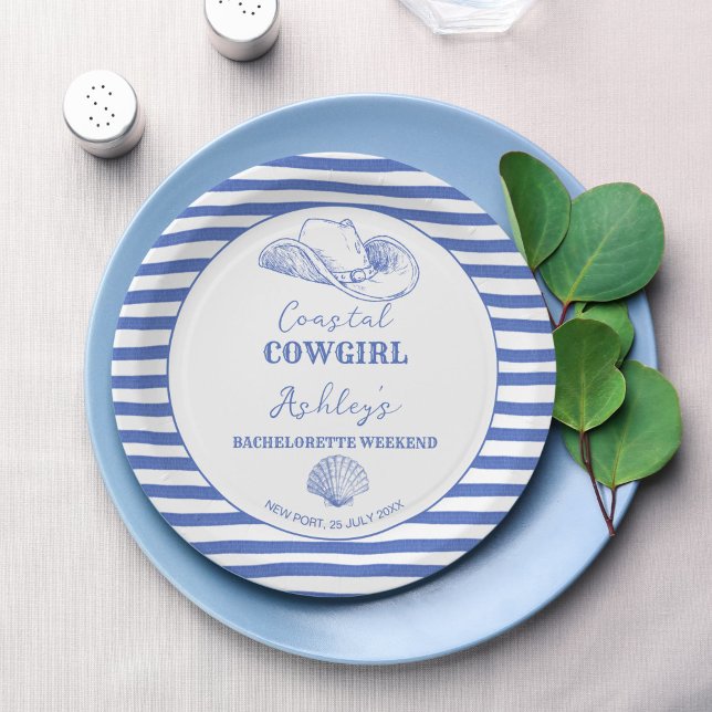 Coastal Cowgirl Bachelorette weekend printed Paper Plates (Coastal Cowgirl Bachelorette weekend party personalized printed Paper Plates dusty blue nautical)