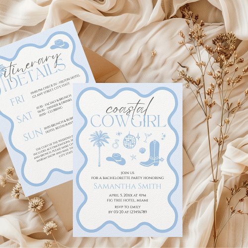 Coastal Cowgirl Blue Bachelorette Weekend Details Invitation