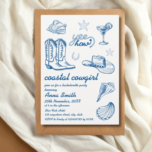 Coastal Cowgirl Blue Hand Written Bachelorette Invitation