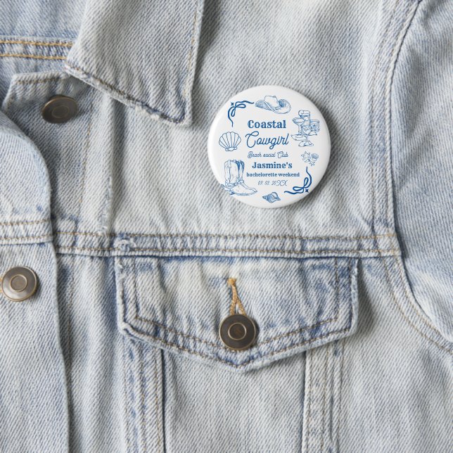 Coastal cowgirl Blue Ocean Bachelorette weekend Button (In Situ)