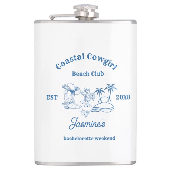 Coastal cowgirl Blue Ocean Bachelorette weekend Flask (Front)