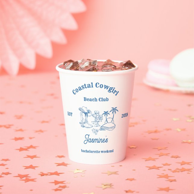 Coastal cowgirl Blue Ocean Bachelorette weekend Paper Cups (Insitu)