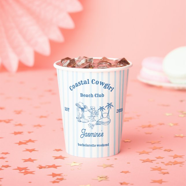 Coastal cowgirl Blue Ocean Bachelorette weekend Paper Cups (Insitu)