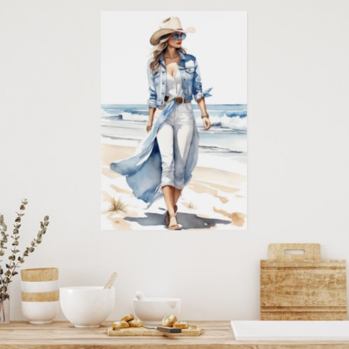 Coastal Cowgirl Blue White  Denim Watercolor  Poster