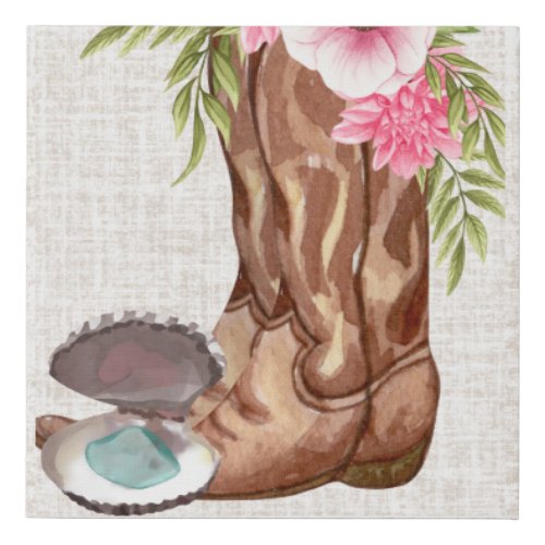 Coastal Cowgirl Boots and Oyster with sea glass Faux Canvas Print