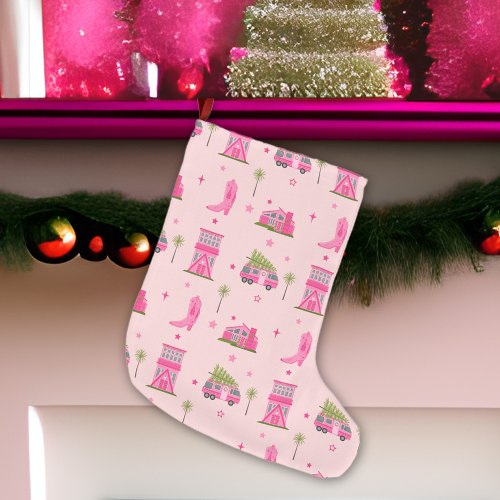 Coastal Cowgirl Boots Pink Christmas Camper Modern Large Christmas Stocking