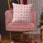 Coastal Cowgirl Boots Pink Christmas Camper Modern Throw Pillow<br><div class="desc">Pattern with illustrations of a pink rv with Christmas tree strapped to top,  pink midcentury modern house,  palm trees,  cowboy boots,  and stars.  Background is light pink.</div>