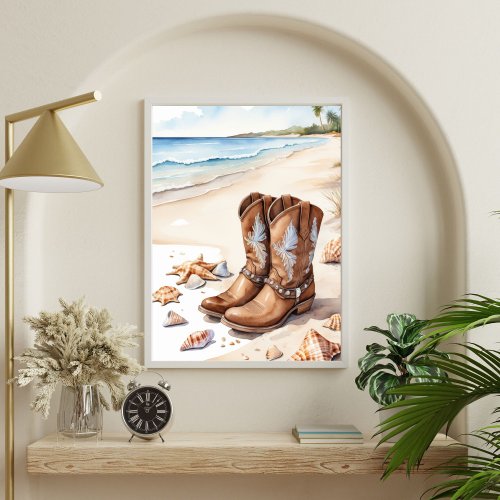Coastal Cowgirl Brown Boots on Sand Ocean Beach Poster