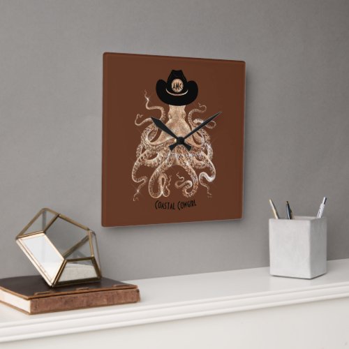 Coastal Cowgirl Brown  Monogram Octopus Square Wall Clock