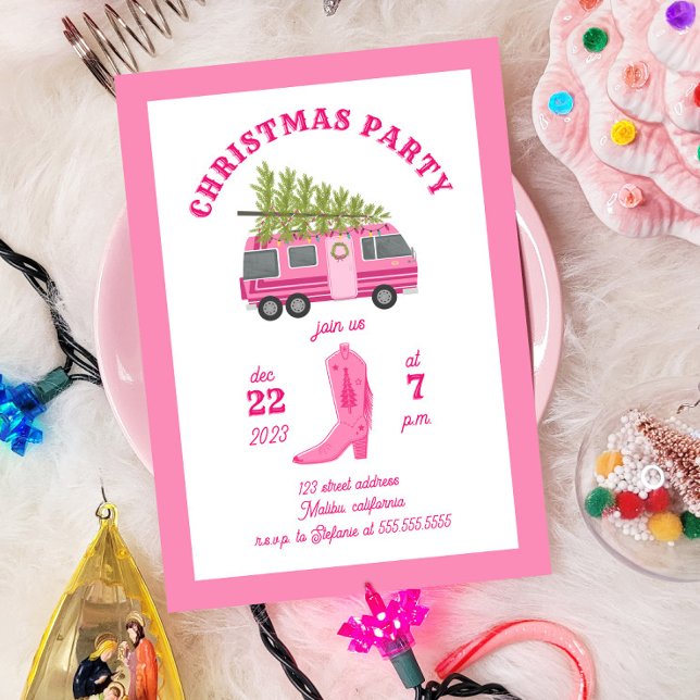 Coastal Cowgirl Christmas Party Pink RV Camper Invitation (Creator Uploaded)