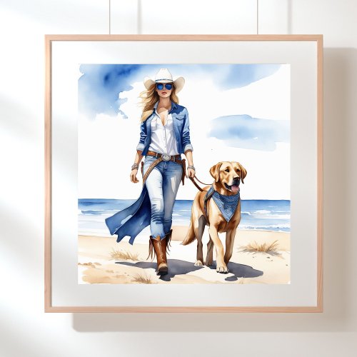 Coastal Cowgirl in Denim with a Dog on the Beach Poster