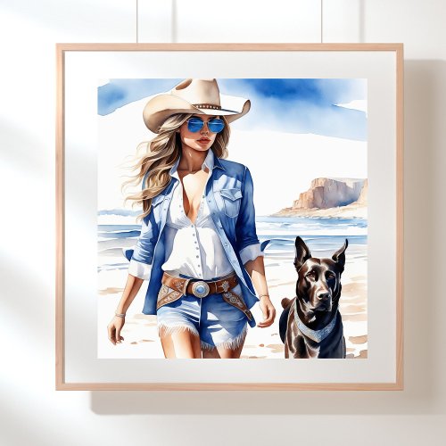 Coastal Cowgirl in Denim with Dog on the Beach Poster