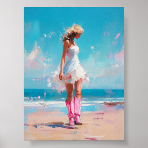 Coastal Cowgirl – Pink Boots & White Dress Beach Poster