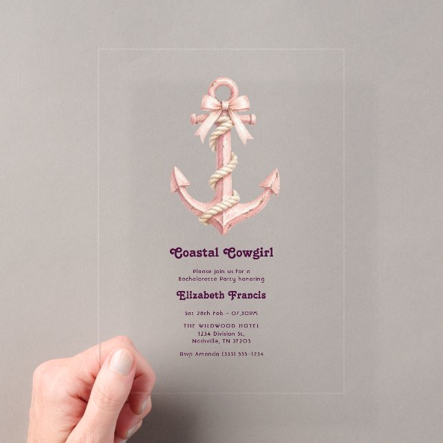 Coastal Cowgirl Pink Preppy Coquette Anchor Acrylic Invitations (Insitu (Handheld))