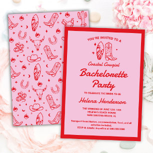 Coastal Cowgirl Red & Pink Bachelorette Weekend Invitation