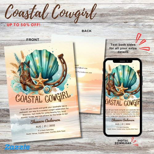 Coastal Cowgirl Rustic Beach Bachelorette Bridal  Invitation