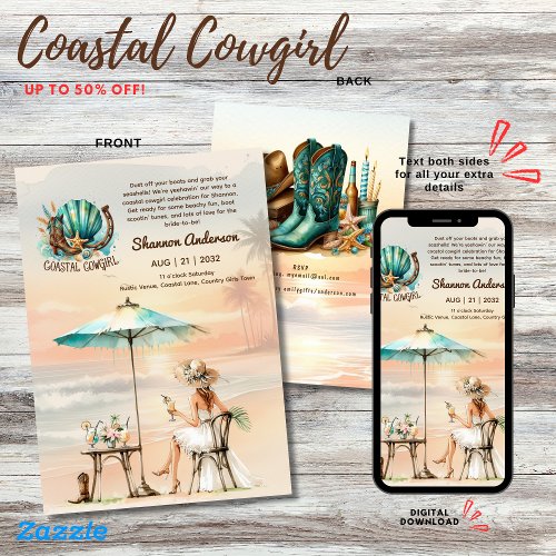 Coastal Cowgirl Rustic Beach Bachelorette Bridal  Invitation