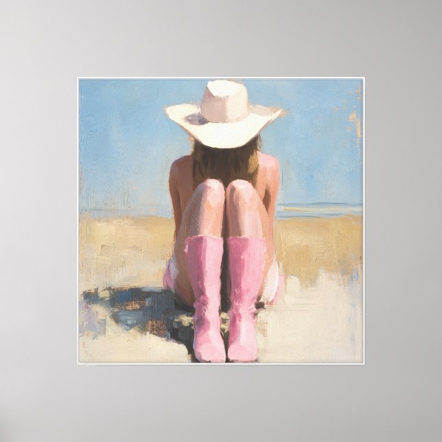 Coastal Cowgirl sat on a Beach with a Hat Canvas Print (Front)