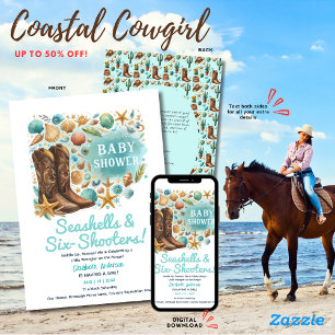 ⭐Coastal Cowgirl Seashells Baby Shower Teal Invitation