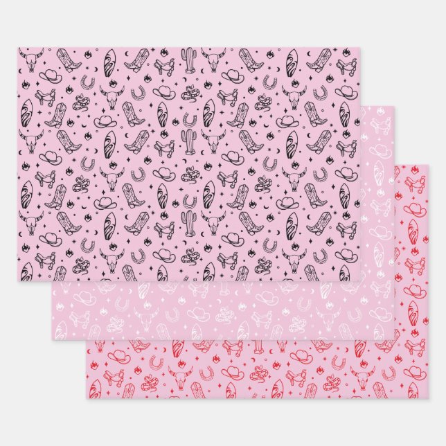 Coastal Cowgirl Set of 3 Western Bachelorette Gift Wrapping Paper Sheets (Set)