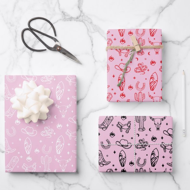 Coastal Cowgirl Set of 3 Western Christmas Gift Wrapping Paper Sheets (Front)