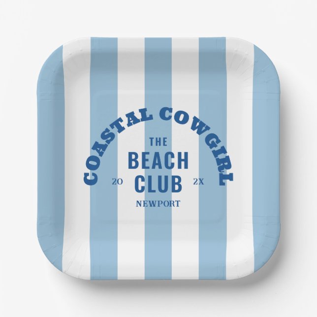 Coastal Cowgirl The Beach Club Denim Cabana Stripe Paper Plates (Front)