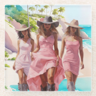 Coastal Cowgirl Trio in Colorful Pink Dresses Glass Coaster