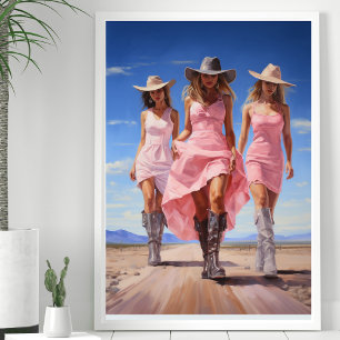 Coastal Cowgirl Trio in Colorful Pink Dresses Poster