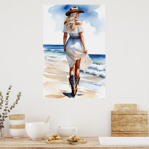 Coastal Cowgirl Walking on the Beach Watercolor Poster