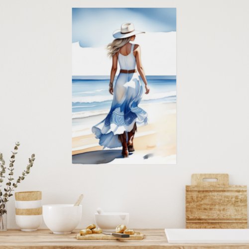 Coastal Cowgirl Walking on the Beach Watercolor  Poster