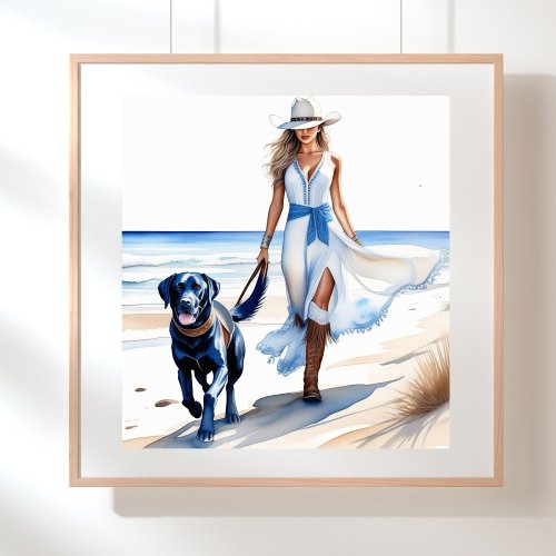 Coastal Cowgirl Walking with Dog on the Beach Poster