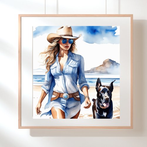 Coastal Cowgirl Wearing a Denim Dress on the Beach Poster