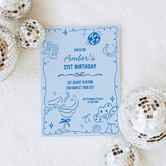 Coastal Cowgirl Whimsical Birthday Invitation (Coastal Cowgirl Birthday Invite)