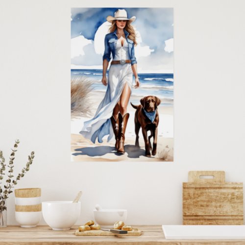 Coastal Cowgirl with a Dog Watercolor  Poster