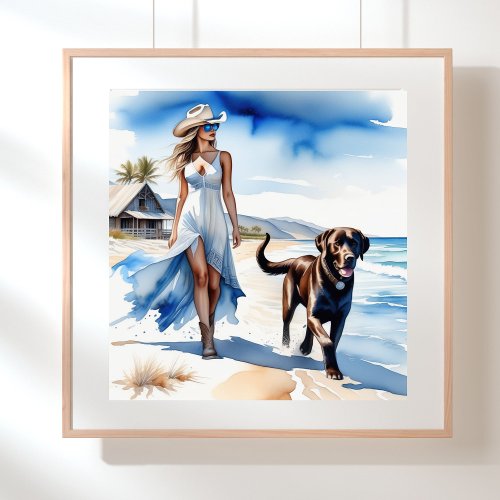 Coastal Cowgirl with Dog on the Beach Poster