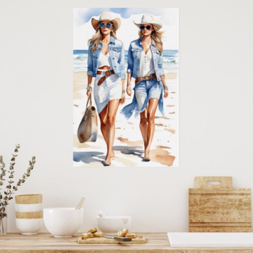 Coastal Cowgirls Blue  White Watercolor  Poster