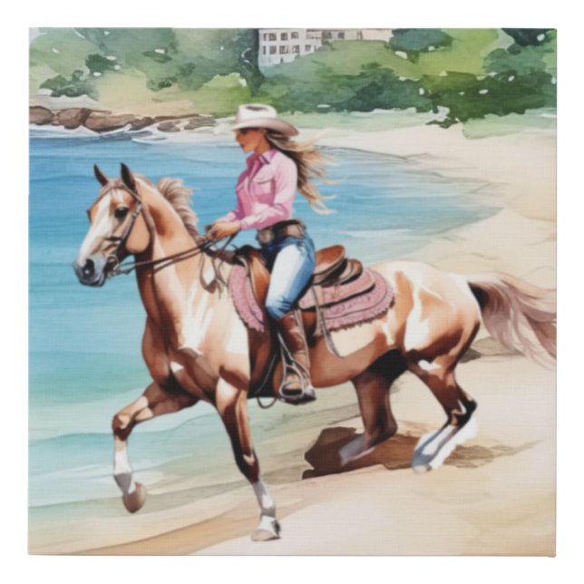 Coastal Cowgirl's Tropical Horse Riding Adventure  Faux Canvas Print (Front)
