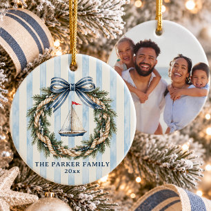 Coastal Cozy Cute Sailboat Wreath Family Photo Ceramic Ornament